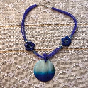 Blue Ombre Shell Pendant Multi Strand Seed Bead Flower Necklace Boho Statement